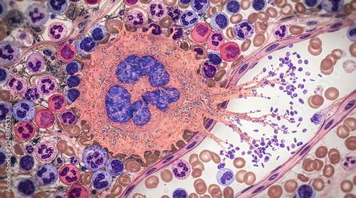 Megakaryocyte cell producing platelets in bone marrow. Hematopoiesis process under microscope.