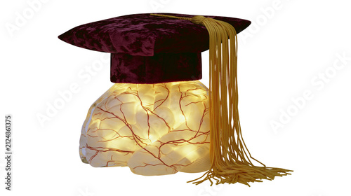 Canvastavla Graduation cap with tassel atop a glowing brain lamp, isolated on transparent ba