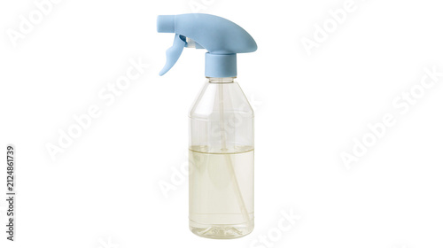 Foto Clear plastic spray bottle with light blue trigger sprayer and liquid, isolated