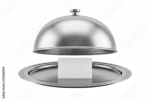Obraz na płótnie Silver cloche revealing a blank white card on an elegant platter