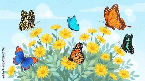 Colorful butterflies flying around a beautiful bush of yellow daisy flowers in spring.