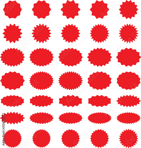 Starburst sale price stickers and labels set, star, sunburst, rosette, callout and splash, stamp and tag badges. Circle and oval red stickers. Sale and shop offer labels.
