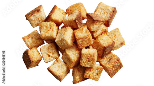 Golden brown toasted bread cubes crunchy texture, isolated on transparent background