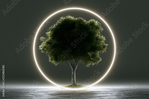 Lush green tree encircled by a bright white neon ring of light against a dark, reflective surface