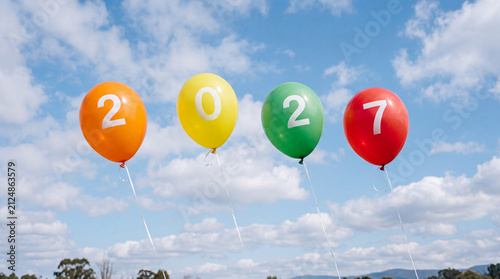 Festive 2027 Balloon Celebration with Blue Sky Background