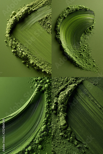 Matcha powder brushed on a green background. Ideal for backgrounds and advertising.