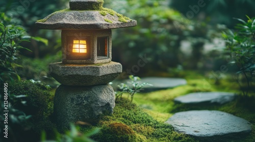Small traditional stone lantern in Japanese forest garden with soft glowing light moss and plants creating serene cultural landscape for Zen meditation relaxation heritage natural harmony atmosphere