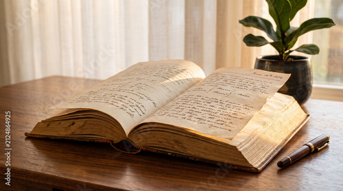 Open antique book with handwritten script, symbolizing knowledge, history, and study, set on a wooden table with a pen.