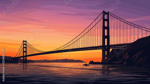 Golden Gate Bridge at Sunset with Vibrant Sky and Water Reflection