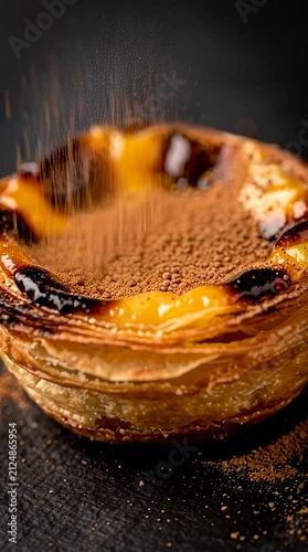 Portuguese custard tart sprinkled with cinnamon on dark table in dramatic studio lighting macro shot