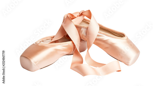 Quadro su tela Pair of satin ballet pointe shoes with ribbons, isolated on transparent backgrou