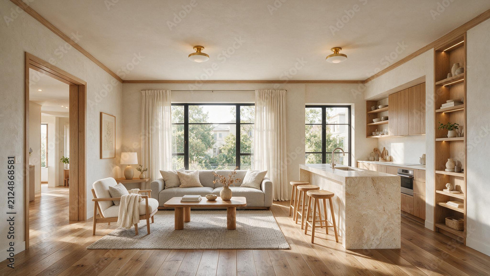 Fototapeta premium Bright Japandi Living Room with Large Windows