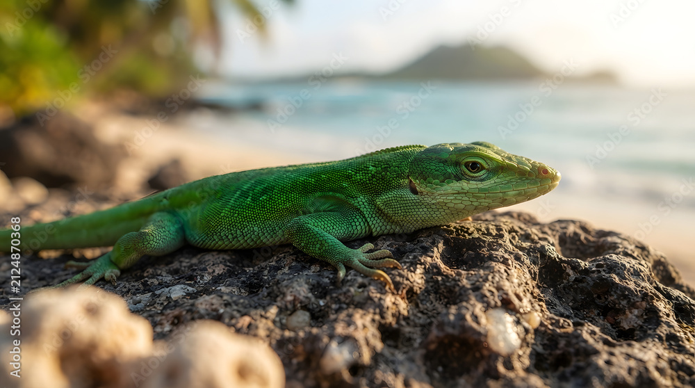 Fototapeta premium Detailed Close Up of a Colorful Lizard Resting on a Natural Rock, Exotic Reptile in Wildlife Habitat, High Resolution Macro Photography, Vibrant Scales, Nature Conservation, Premium Stock Image