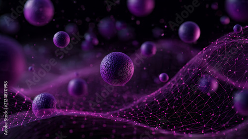 Abstract Purple Network with Glowing Spheres and Particles.