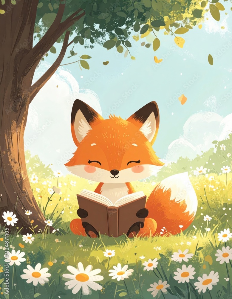 Fototapeta premium A cute fox sits under a tree, happily reading a book in a sunny meadow filled with daisies and falling leaves.