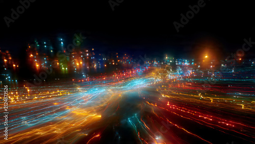 Vibrant Light Trails in Urban Night Cityscape.