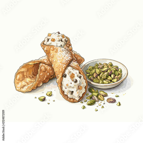 Cannoli ingredients with ricotta and pistachio shells flat lay for Italian dessert blogs and pastry recipe websites