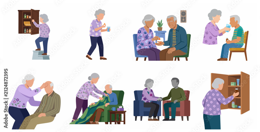 Fototapeta premium Elderly Couple Caring for Each Other and Taking Medicine Vector Illustration Set