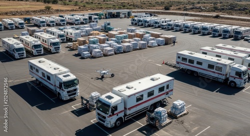 Humanitarian logistics staging area with trucks and stacked cargo for aid distribution