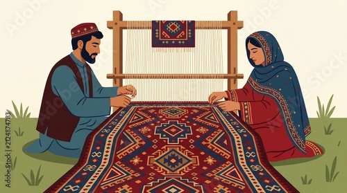 Couple weaving traditional Afghan kilim rug in outdoor setting with cultural craftsmanship