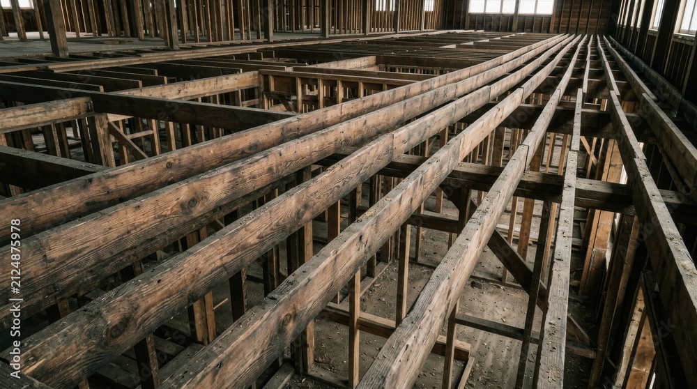 Obraz premium Unfinished wooden structural frame of a large industrial building interior.