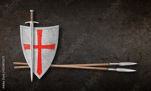 sword shield and two spears on rusty background