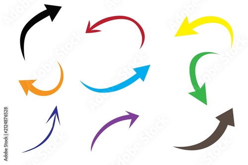 Colorful curved arrows set in circular motion isolated on white background
