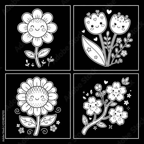Cute black and white kawaii cartoon flower set featuring four smiling floral characters on black