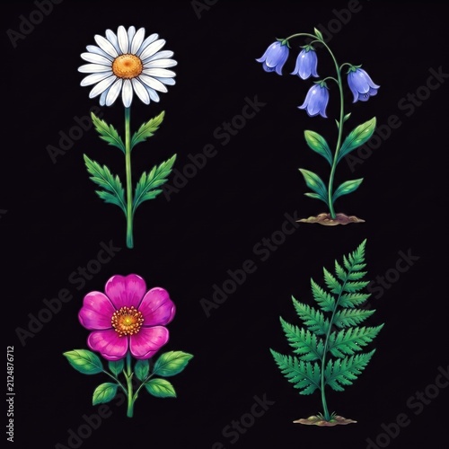 Cute black and white kawaii cartoon flower set featuring four smiling floral characters on black