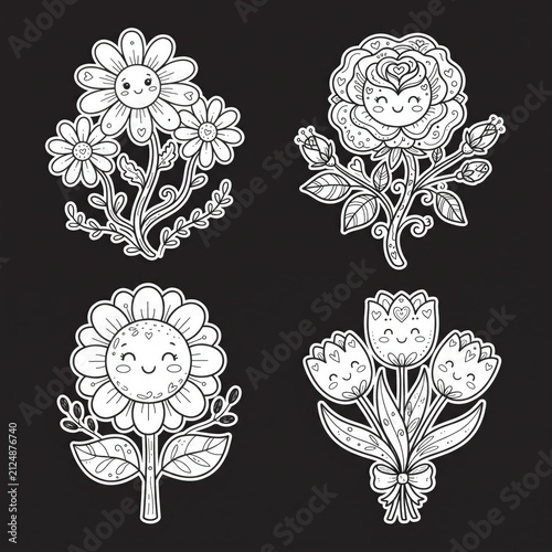 Cute black and white kawaii cartoon flower set featuring four smiling floral characters on black