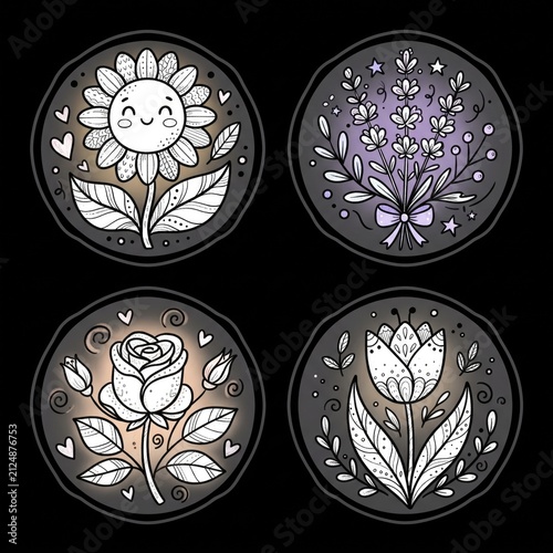 Cute black and white kawaii cartoon flower set featuring four smiling floral characters on black