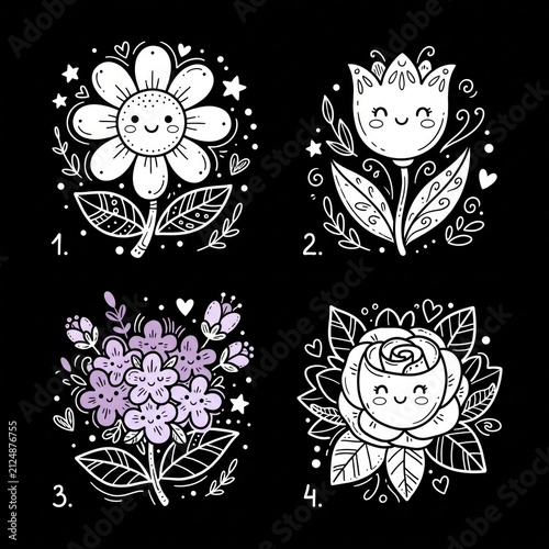 Cute black and white kawaii cartoon flower set featuring four smiling floral characters on black