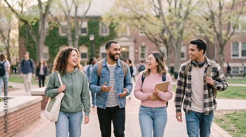 Diverse group of happy university students walking and talking together on a sunny college campus