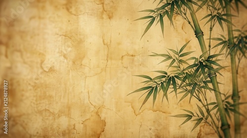 Asian bamboo art painting on a textured canvas background.