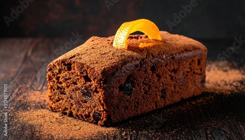 Rich chocolate fruitcake dusted with cocoa powder and garnished with orange zest on a dark wooden table, a delicious festive treat