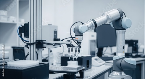 Advanced robotic arm performing precise liquid handling in a modern laboratory setting for scientific research and development