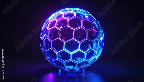 Luminous sphere with a honeycomb pattern glows in vibrant blue and purple hues against a dark background, casting reflections