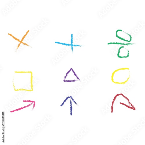 Colorful hand-drawn geometric shapes and arrows isolated on white background
