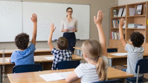 children raising hands in engaged classroom behind whiteboard with desks and chairs, blue and brown tones, educational setting, school life, clean background