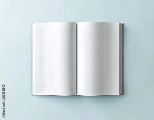 Empty pages. Open notebook-diary with checkered paper on light background. Mockup. Top view. Copy space.