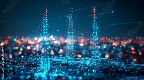 Telecommunication towers standing illuminated city skyline with digital network overlay wireless data transmission 5G infrastructure internet connectivity and futuristic smart urban technology scene