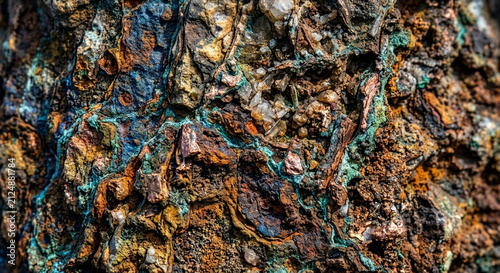 Texture minérale oxidized complexe aux reflets de cuivre et incrustations cristallines