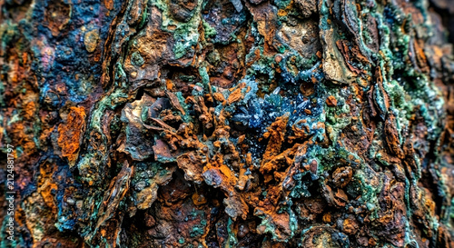 Geode minérale bleue enchâssée dans une roche fortement oxydée et érodée