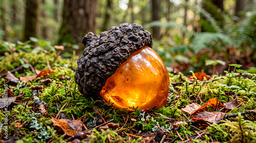 Massive acorn made of volcanic basalt rock and polished amber gemstone in a forest setting