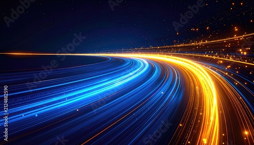 Abstract glowing streaks in blue and yellow create an illusion of movement through space on a deep dark background