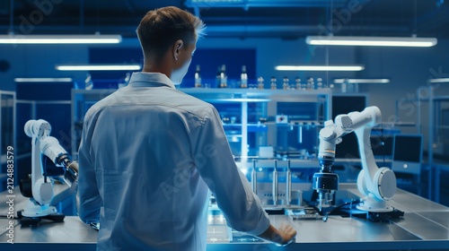 Scientist in lab coat observes robotic arms at work, surrounded by scientific equipment