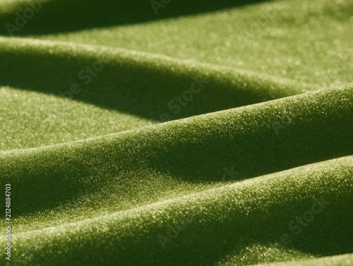 Macro view of green velvet fabric forming soft ripples with a fine, sparkling texture. Abstract, tactile background with gentle highlights and shadows.