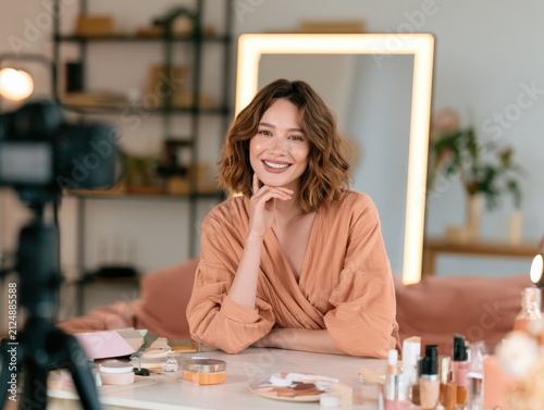 Smiling beauty vlogger filming a makeup tutorial in a cozy home studio, surrounded by cosmetics on a desk, with a camera and lighting capturing the session.