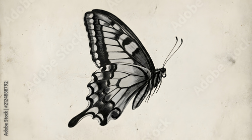 Artistic side view sketch of a butterfly on vintage paper generative AI
