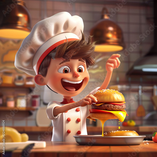 An unusual cartoon-style illustration of a chef. A French-style kitchen and chef.
